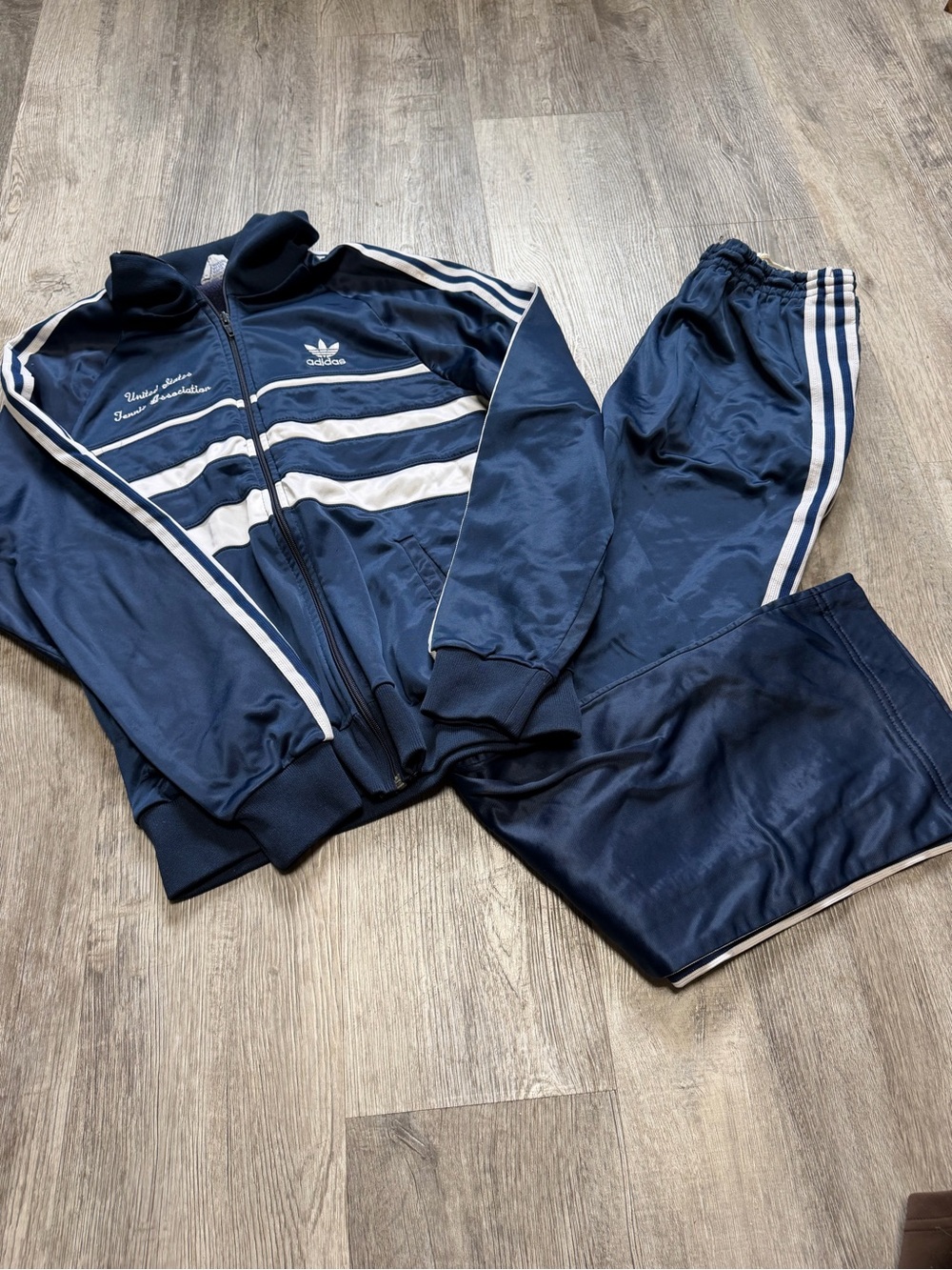 VTG adidas Navy and White Classic 3-Stripe Track Jacket & Pants Set Run DMC Med